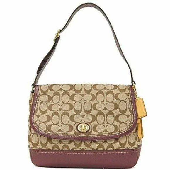 COACH PARK SIGNATURE FLAP LARGE SHOULDER BAG SV / KHAKI / MAHOGANY F23933 NWT - Picture 1 of 12